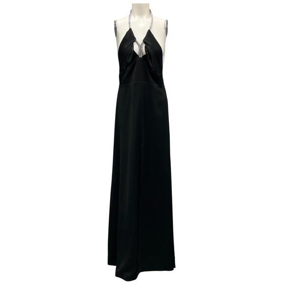 GENNY BLACK RHINESTONE EMBELLISHED HALTER NECK SATIN GOWN - Picture 1 of 5